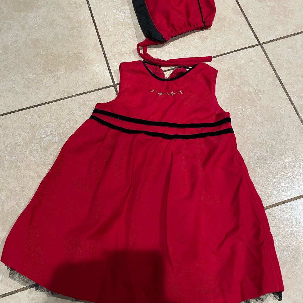 Red Girls Dress with Black Accents and matching Hat  24 months